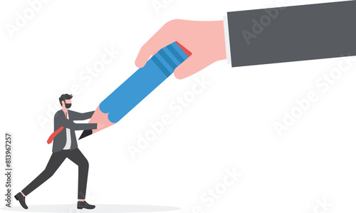 Fight for personal development. Big hand pulling a pencil tug of war with a small businessman

