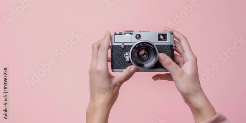 Taking picture with vintage film camera on pink background photo