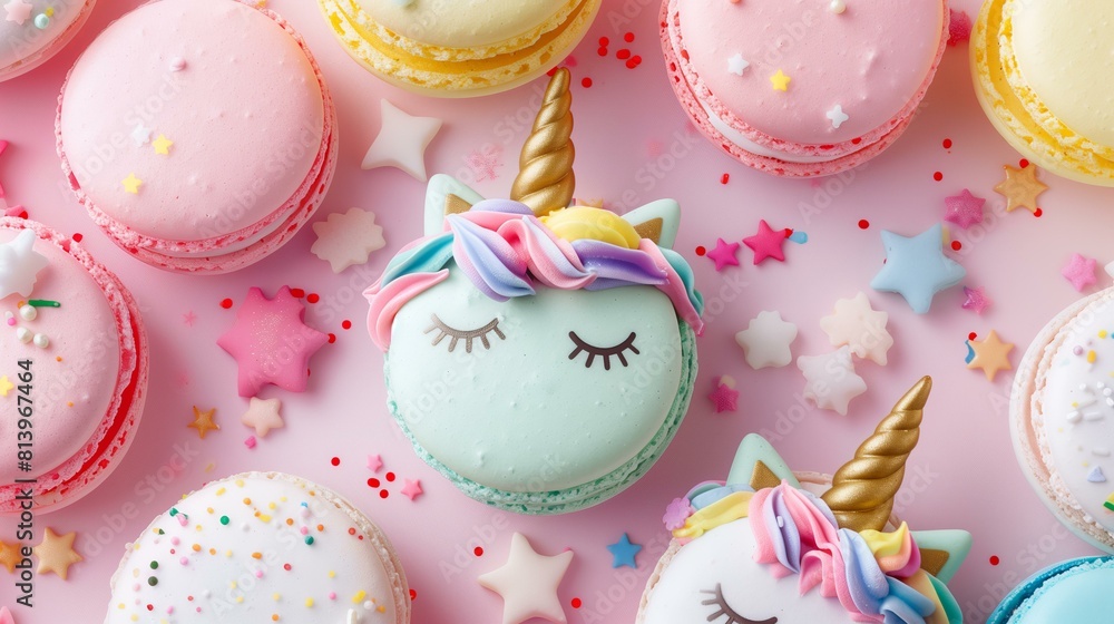 unicorn themed colorful pastel colored macarons on a pastel pink background