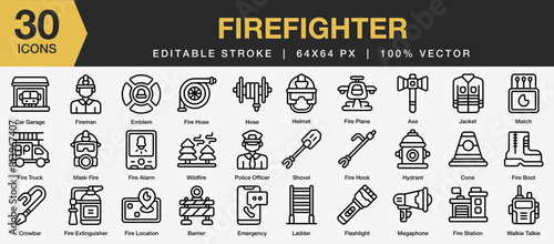 Set of 30 Firefighter icon set. Editable Stroke Icon Collection. Includes fireman, hose, fire alarm, barier, fire station and More. Outline icons vector collection.