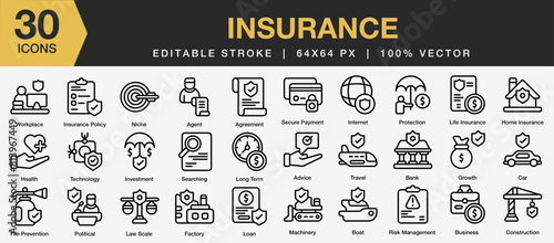 Set of 30 insurance icon set. Editable Stroke Icon Collection. Includes payment, patient, money, finance, bank, and More. Outline icons vector collection.