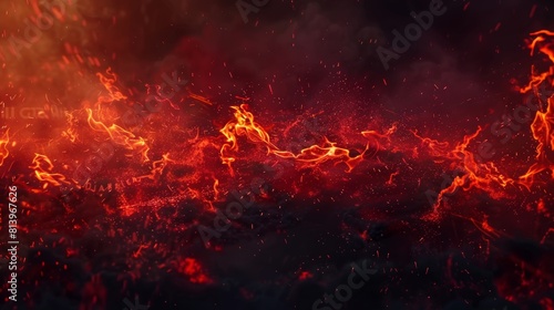 The red fire and smoke overlay is surrounded by a black background with glowing flame sparks. There is an abstract heat fog made up of hot flying embers. photo
