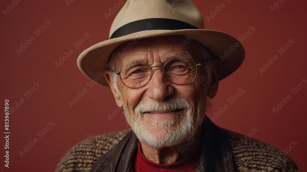 Gray-haired elderly man in stylish club clothes on a red background. Gray-haired elderly man in stylish club clothes on a red background.