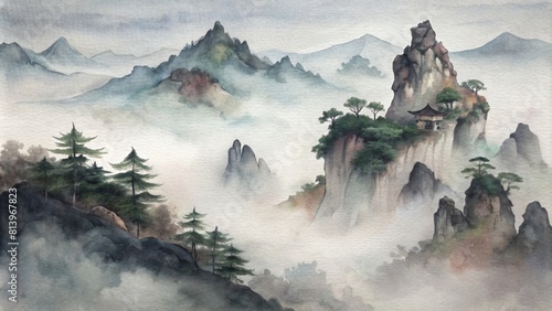 Traditional Japanese ink wash landscape painting with fog over the mountains. Traditional ink painting style gohua, sumi-e, u-sin photo