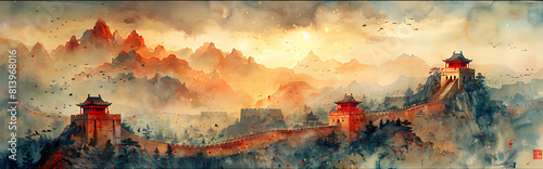 Illustrate the cultural and symbolic meanings of the Great Wall of China in Chinese literature art and national identity as a symbol of resilience unity and enduring legacy. photo