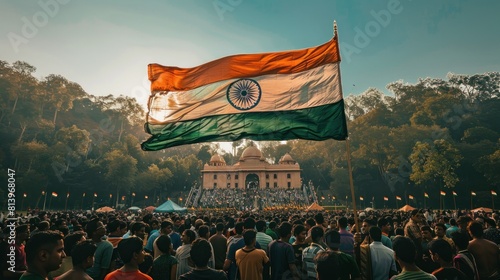 "Unity in Diversity: A Multitude of People Gathered Before the Grandeur of the Indian Flag, Symbolizing Strength, Harmony, and the Shared Identity of a Nation." happy independence day