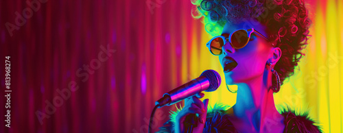 1980s female singer with microphone in colorful retro pop art illustration  with copy space