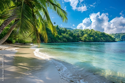 Beautiful beach with palms and turquoise sea in Jamaica island with clear blue sky 