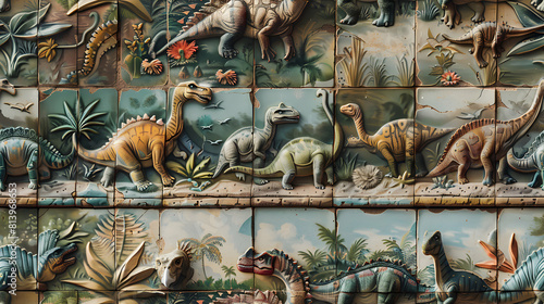 Dinosaur Discovery Tiles: Vibrant Prehistoric Wonders Come to Life in Photo Realistic Dinosaur Themed Tiles, Exciting Children with Vibrant Depictions of Dinosaurs © Gohgah
