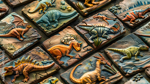 Dino Discovery: Vibrant Dinosaur Tiles Bringing Prehistoric Wonders to Life for Children on Adobe Stock