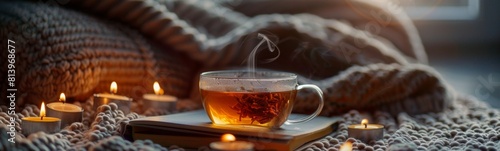 Cup of tea with a book and candles. Cozy background. Banner photo