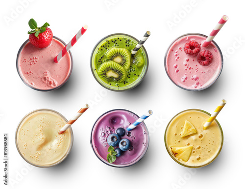Strawberry, Kiwi, Raspberry, Apple, Blueberry and Pineapple juice isolated in transparent background