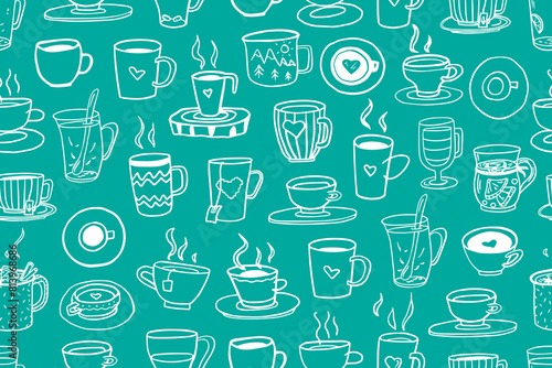 Cute seamless pattern of cups and mugs in doodle style. I love tea, tea time, coffee time, cup of coffee, mug of tea, travel mug. Mug in hand. Hand drawn. Vector illustration EPS10