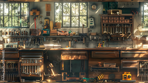 DIY Workshop Tiles Concept: Father s Craft Area Replica with Tools and Woodwork, Photo Realistic Design for Stock Photo
