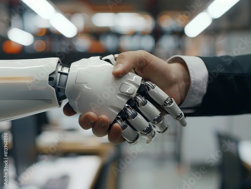 A robot hand shakes a human hand