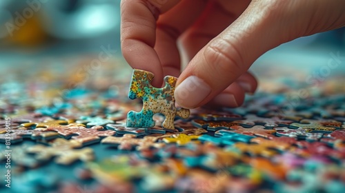 Hand placing the last piece of a colorful jigsaw puzzle