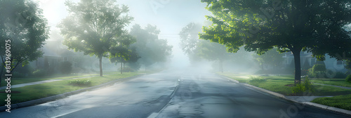 Tranquil Suburban Scenes: Photo Realistic Early Morning Mist Transforming Ordinary Streets into Peaceful Vistas