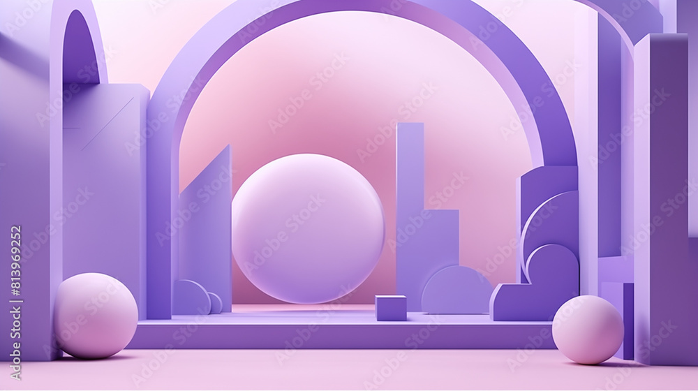 Geometric objects and arch on Very peri purple color. Abstract background with various geometric shapes in pastel color Geometric objects and arch on Very peri purple color. Abstract background with various geometric shapes in pastel color