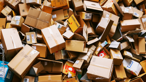 A large pile of discarded cardboard boxes  showing various sizes and labels  in a disorganized heap.