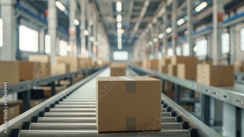 A conveyor belt in a warehouse with boxes stacked on top of each other. A plant is growing out of one of the boxes