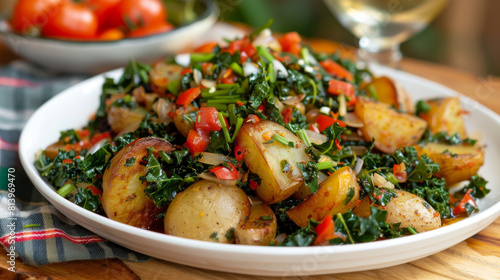 Traditional kenyan homemade meal: delicious sukuma wiki, potato, and tomato dish