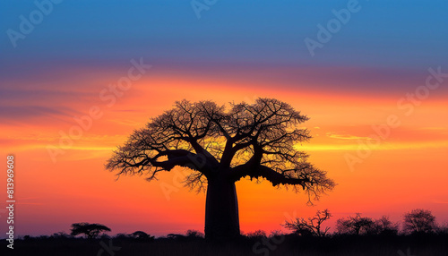A high-resolution photograph the striking silhouette of a baobab tree at sunset, its unique shape standing out against the warm hues of the sky