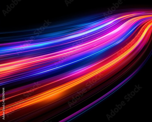 Vivid neon light lines in motion on black  banner-ready  high-speed effect  AI design