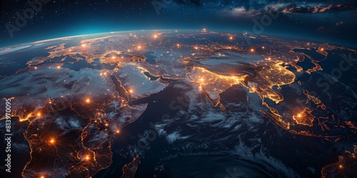A global map with light connections between various countries, representing the concept of international network and connectivity © tanapat