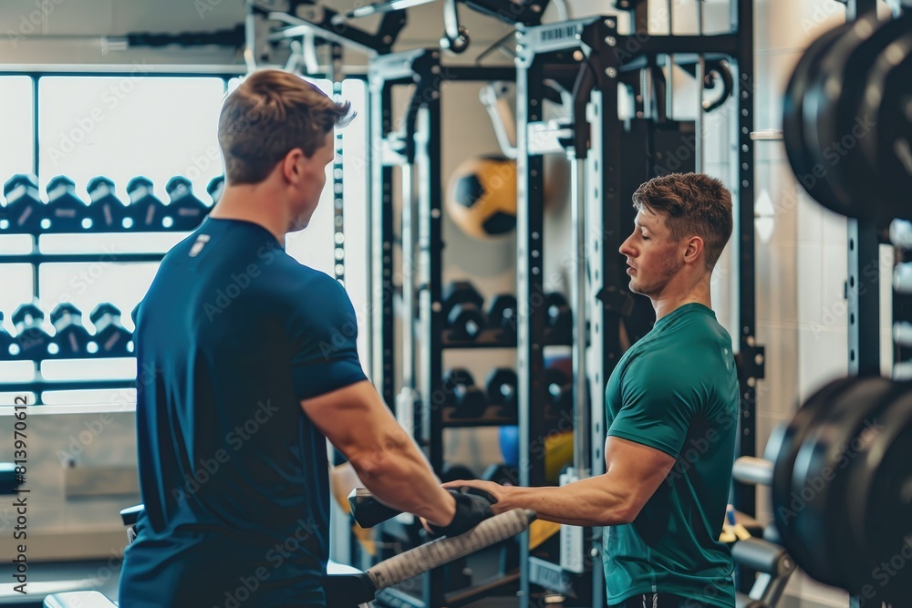 Obraz premium A personal trainer working with a high-performance athlete in a gym