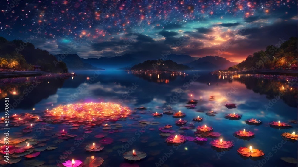 Spectacular diyas lights in the pond at stunning night