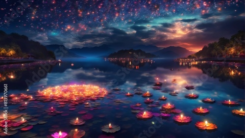 Spectacular diyas lights in the pond at stunning night © Zandhira