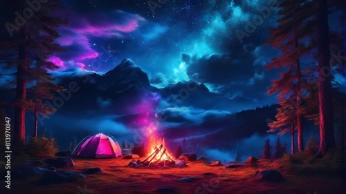 tent and campfire at amazing night in the forest  neon art illustration 