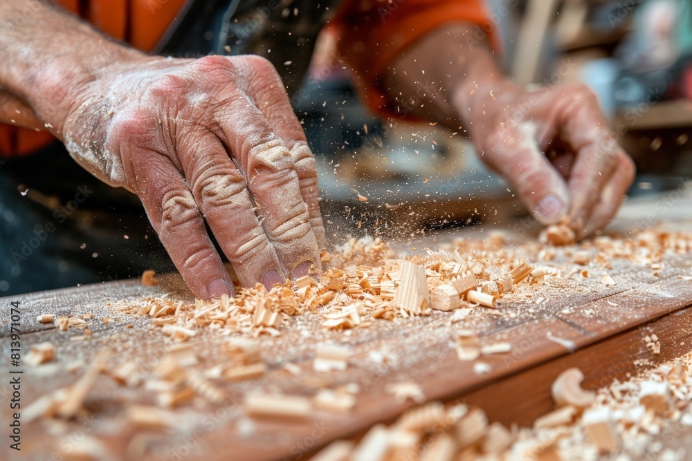Woodwork hands covered in sawdust, Craftsperson's hands in sawdust-laden workshop, planing wooden plank with precision, sawdust sprinkling down, capturing essence of woodworking. Woodwork hands covered in sawdust, Craftsperson's hands in sawdust-laden workshop, planing wooden plank with precision, sawdust sprinkling down, capturing essence of woodworking.