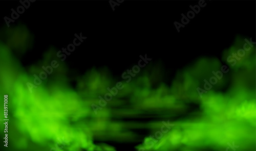 Green ground smoke, fog clouds vector illustration, mist smog horizon on black, glowing steam, vapor gas, fume rises up