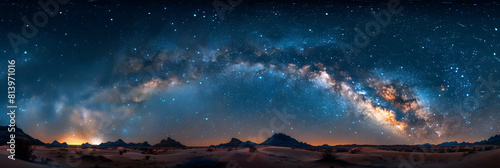 Vivid Milky Way Over Desert Oasis: Tranquil night sky meets celestial glow in scenic desert oasis painting   Photo Realistic Stock Concept photo