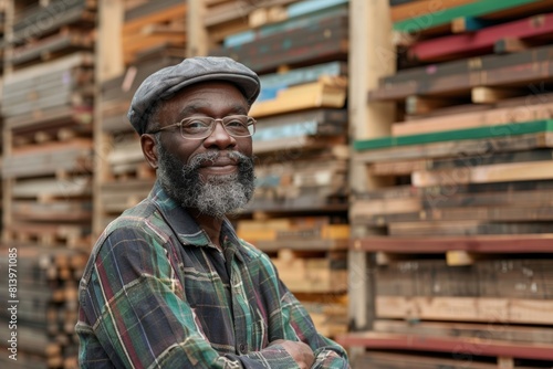 Woodwork hands covered in sawdust, senior craftsman with beaming smile, standing in timber yard, clad in plaid and denim, exuding warmth, wisdom, and years of woodcraft mastery..