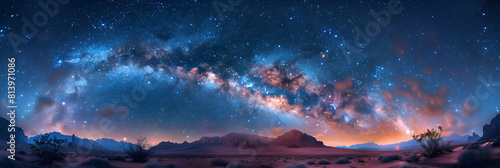 Captivating Photo: The Milky Way Illuminates Desert Oasis Night Scene with Celestial Glow in Photo Realistic Style