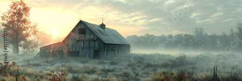 A Serene Dawn: Capturing the Tranquil Start of the Day on a Misty Farmstead Photo Realistic Farm Morning Mist Concept
