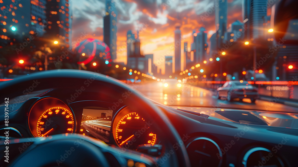 A driver smiling during their peaceful morning commute with city skyline in background, Photo realistic concept.