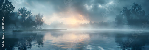 Misty Riverside Morning: A riverside enveloped in mist where water flows quietly at dawn Photo realistic concept