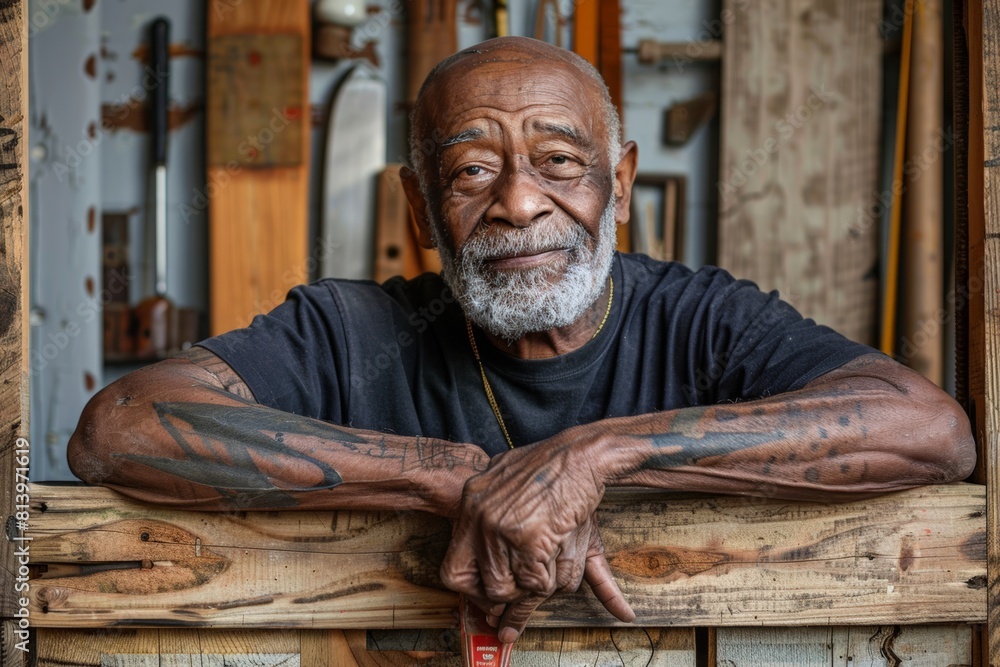Workshop overview, African American woodworker amidst his creations, Bearded elder rests on wooden planks in workshop, wise gaze and dusty shirt speaking of a life amidst wood and tools.