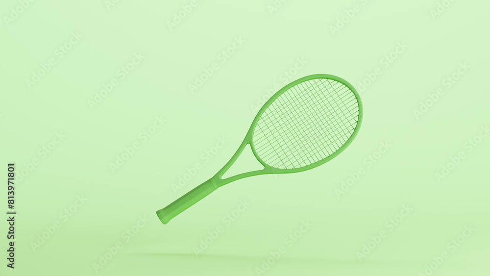 Green tennis racket racquet strings sports equipment soft tones mint background 3d illustration render digital rendering