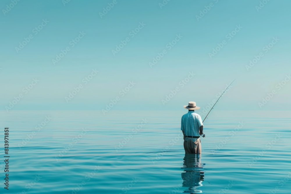 fisherman with a fish on blue sea background.