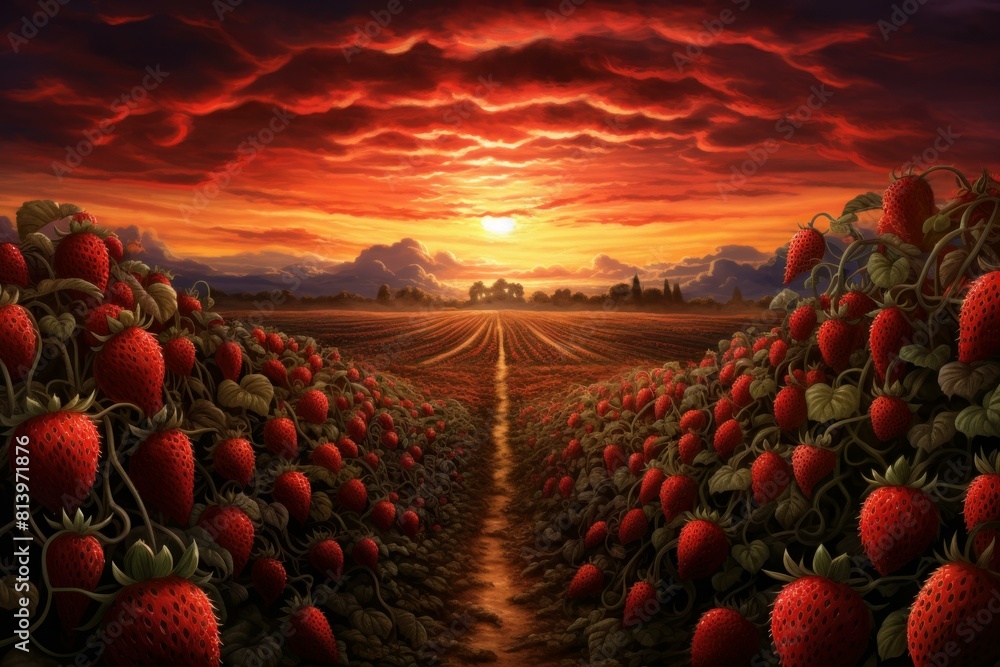 Fototapeta premium Idyllic landscape of vibrant strawberry fields under a dramatic sunset sky
