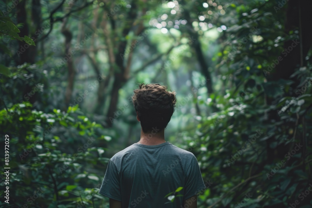 Solo Nature Walk An individual deeply inhaling the fresh air during a peaceful walk in a lush forest Solo Nature Walk An individual deeply inhaling the fresh air during a peaceful walk in a lush forest