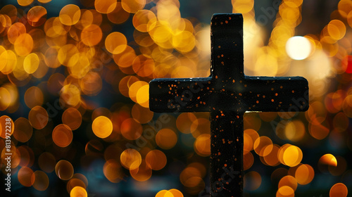 A Christian cross in a bustling city square during the holiday season, with festive lights creating a vibrant golden bokeh background that contrasts with the quiet dignity of the cross. photo