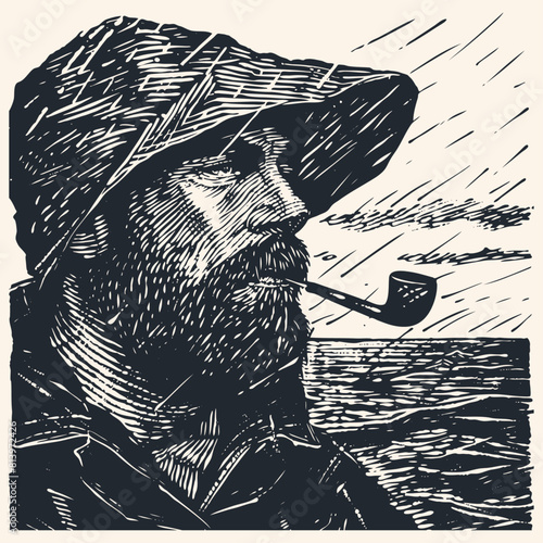 An old fisherman in a cap smokes a pipe against the backdrop of the sea and stormy sky, vector illustration	