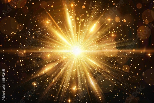 A stunning golden star burst against a dark black backdrop. Ideal for use in holiday designs