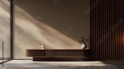 Room with a TV cabinet against the wall. Interior with wooden furniture with slats. 3D empty elegant television shelf.
