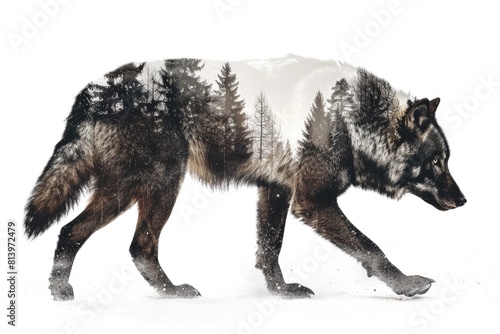 Majestic Double Exposure Wolf Blended with Misty Forest Landscape